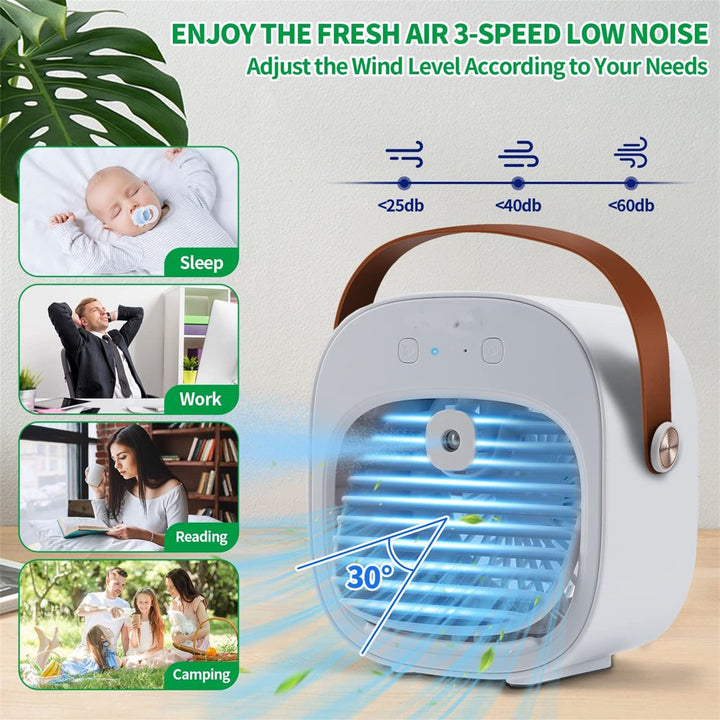 Air Conditioner Portable Rechargeable Personal Cordless Air Cooler Battery Powered Desk Fan with 3 Speeds for Small Room Office Dorm and Outdoor (White)
