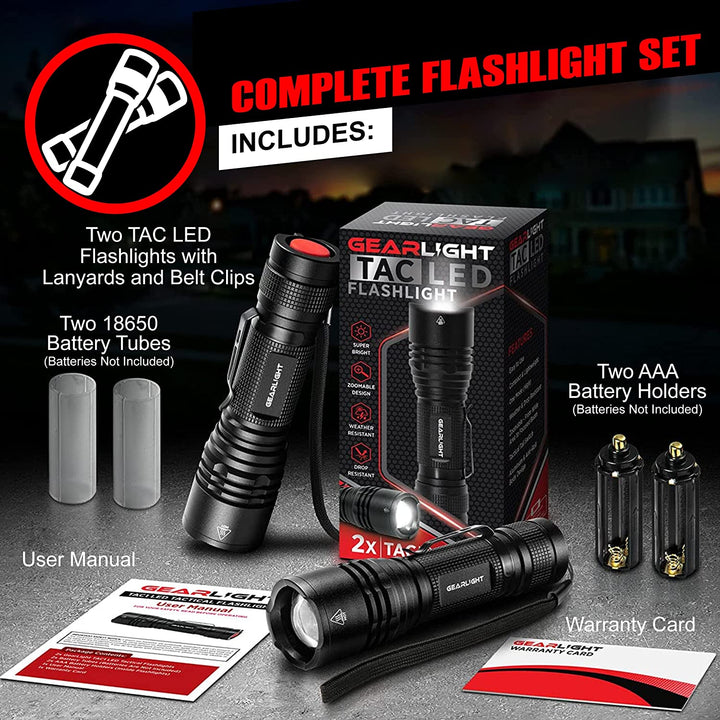 TAC LED Flashlight Pack - 2 Super Bright, Compact Tactical Flashlights with High Lumens for Outdoor Activity & Emergency Use - Gifts for Men & Women - Black