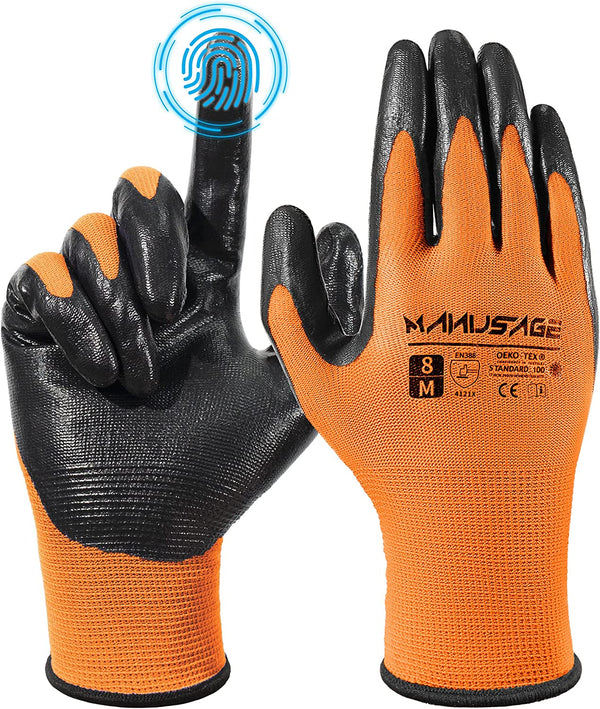 Safety Work Gloves, GlovesExcellent Grip, Nylon Shell Foam Nitrile Palm Coated Working Gloves, Knit Wrist Cuff (Size M, Orange, 3-Pairs)