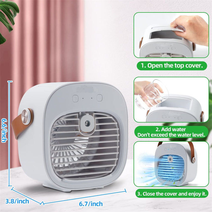 Air Conditioner Portable Rechargeable Personal Cordless Air Cooler Battery Powered Desk Fan with 3 Speeds for Small Room Office Dorm and Outdoor (White)