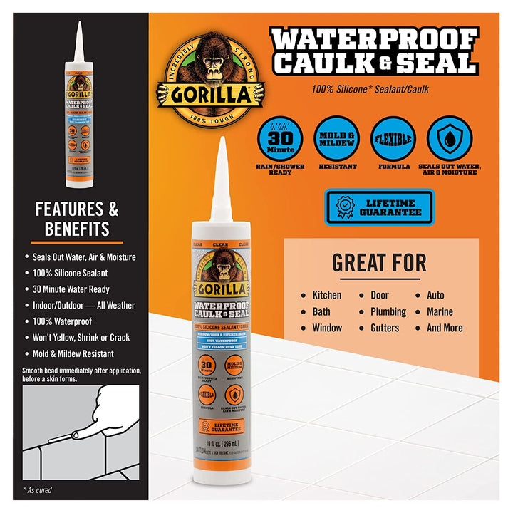 Gorilla Waterproof Caulk & Seal 100% Silicone Sealant, 10Oz Cartridge, Clear (Pack of 1)