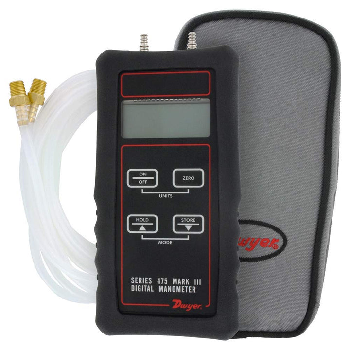 Dwyer Handheld Digital Manometer, 475-3-FM-BK, Dual Range 0-199.9" WC & 0-49.7 KPA with Boot Kit, Hose Barb Adapters, Clear Vinyl Tubing, and Carrying Case