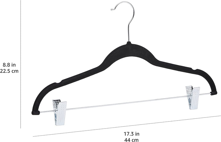 Velvet, Non-Slip Skirt Clothes Hangers with Clips, Black - Pack of 50
