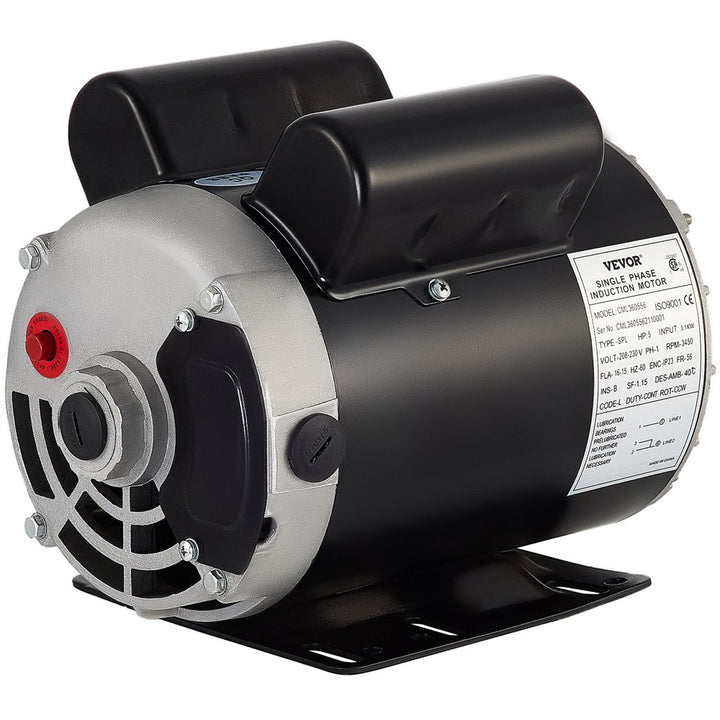 Air Compressor Electric Motor 5Hp 3450 Rpm, 208-230 Volt 3.1 Kw Single Phase 56 Frame 5/8" Keyed Shaft 60 Hz, Commercial-Duty CCW Rotation 1.88" Shaft Length NEMA for Air Compressors