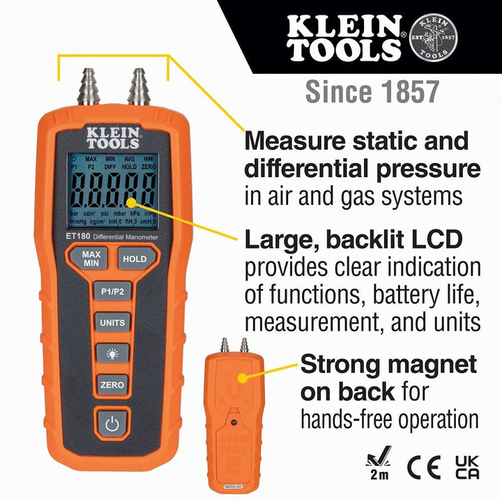 Digital Manometer, Air and Gas Pressure Tester, Differential Dual Port Pressure Gauge, Large LCD Display with Backlight  ET180
