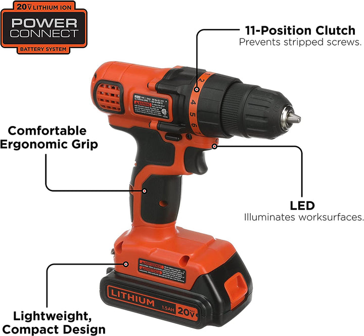 20V MAX Cordless Drill and Driver, 3/8 Inch, with LED Work Light, Battery and Charger Included (LDX120C)