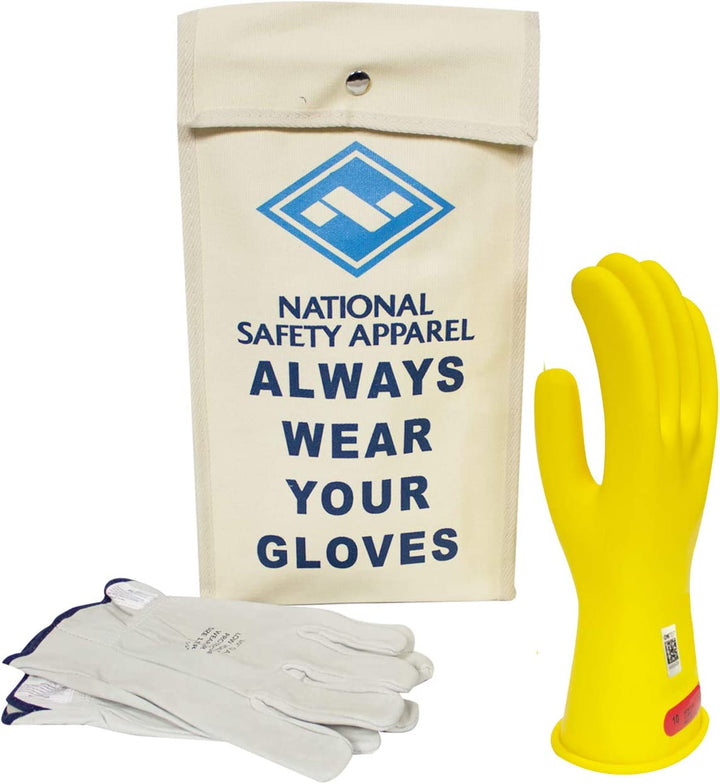 Class 0 Yellow Rubber Voltage Insulating Glove Kit with Leather Protectors, Max. Use Voltage 1,000V AC/ 1,500V DC (KITGC011Y)