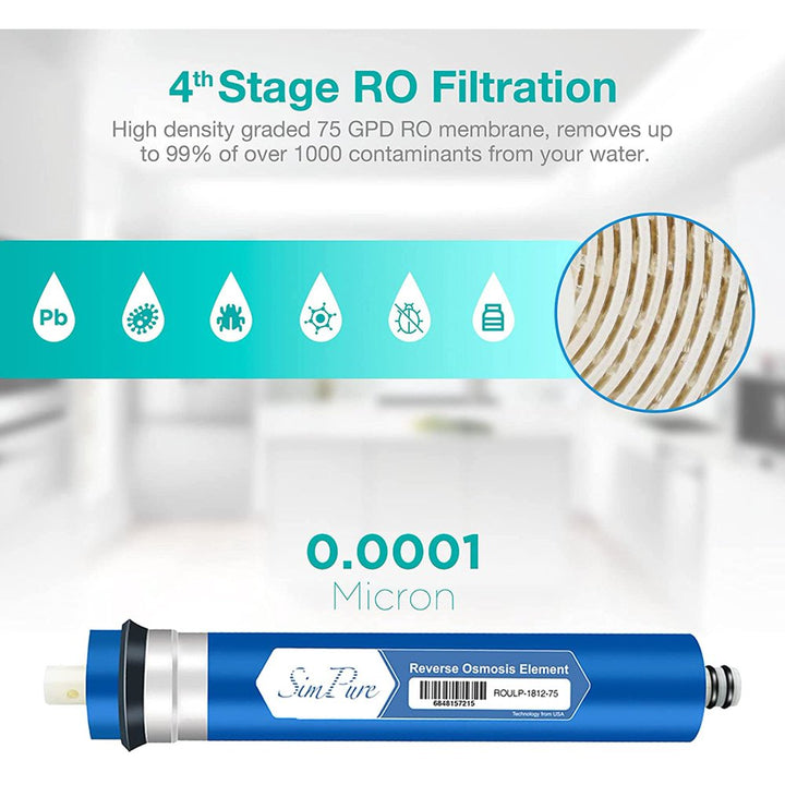 5-Stage Reverse Osmosis Replacement Filter Set with 75 GPD RO Membrane, 5Pc Pre & Post Replacement Cartridge Pack Kit for Standard 5-Stage Reverse Osmosis RO Systems