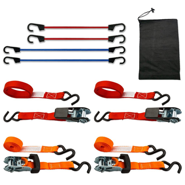 Hyper Tough Steel Ratchet Tie Downs and Bungee Cords Set, 8 Pack