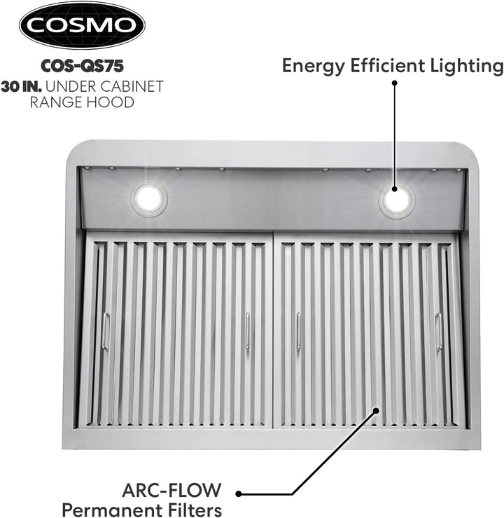 COS-QS75 30 In. under Cabinet Range Hood with 500 CFM, Permanent Filters, LED Lights, Convertible from Ducted to Ductless (Kit Not Included) in Stainless Steel