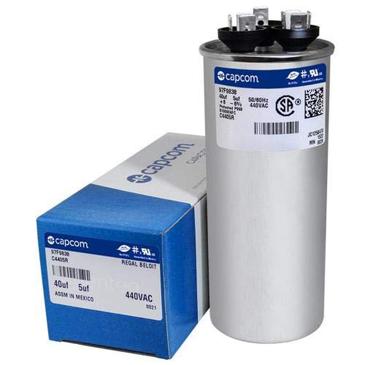 GE Genteq Capacitor round 40/5 Uf MFD 440 Volt 97F9838 (Replaces Old GE# Z97F9848BZ2), 40 + 5 MFD at 440 Volts