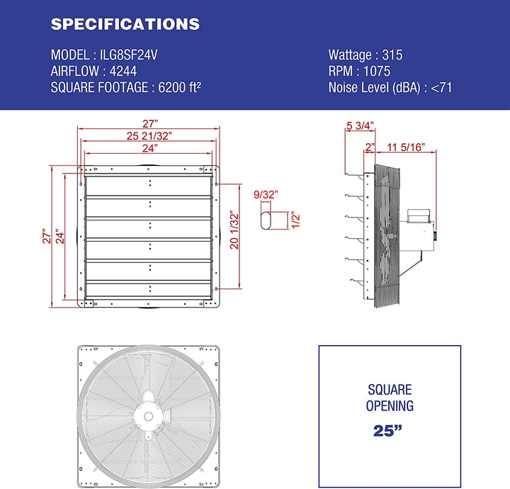 Iliving - 24" Wall Mounted Exhaust Fan - Automatic Shutter - Variable Speed - Vent Fan for Home Attic, Shed, or Garage Ventilation, 4244 CFM, 6200 SQF Coverage Area (Power Cord Not Included)