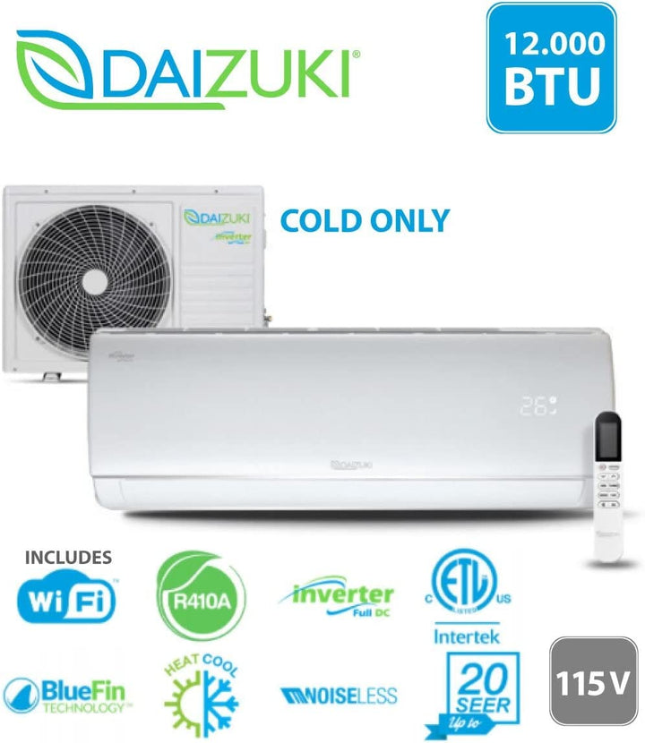 Daizuki White Ductless Minisplit AC System with Inverter Technology, Straight Cool 12.000 Btu/Hr, 220V/60Hz, Precharged, Wifi and 10Ft Installation Kit (DXTC12X426-20)
