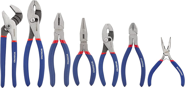 WORKPRO 7-Piece Pliers Set (8-Inch Groove Joint Pliers, 6-Inch Long Nose, 6-Inch Slip Joint, 4-1/2 Inch Long Nose, 6-Inch Diagonal, 7-Inch Linesman, 8-Inch Slip Joint) for DIY & Home Use