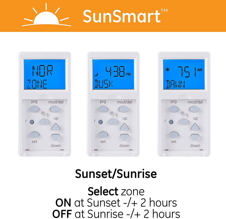 GE Home Electrical Sunsmart In-Wall Digital Timer, Daily On/Off Times, Programmable Settings, Sunset/Sunrise Presets, Vacation Security, White Almond Paddles Included, for Lights, Fans, Heaters 32787