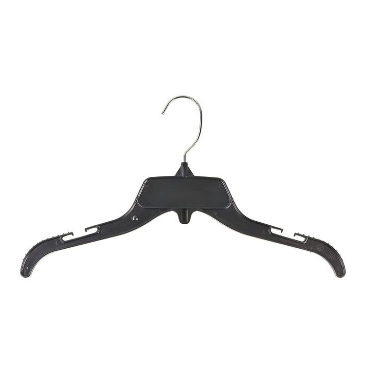 485 Black Plastic Hangers with Rotating Metal Hook and Notches for Straps, Great for Shirts/Tops/Dresses, 15 Inch (Pack of 10)