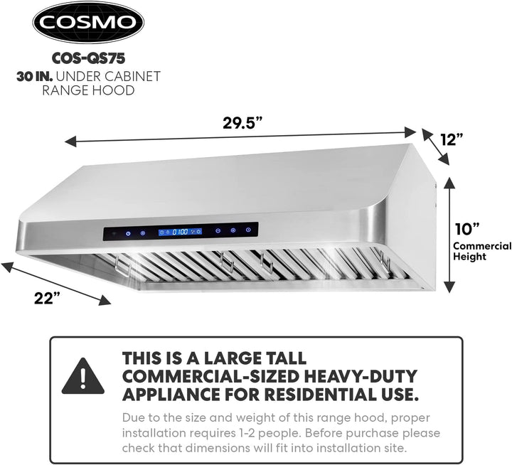 COS-QS75 30 In. under Cabinet Range Hood with 500 CFM, Permanent Filters, LED Lights, Convertible from Ducted to Ductless (Kit Not Included) in Stainless Steel