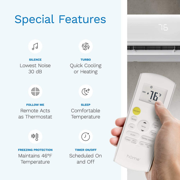 Homelabs Split Type Inverter Air Conditioner with Heat Function — 18,000 BTU 230V — Low Noise, Multimode Air Conditioning with a Washable Filter, Stealth LED Display, and Backlit Remote Control