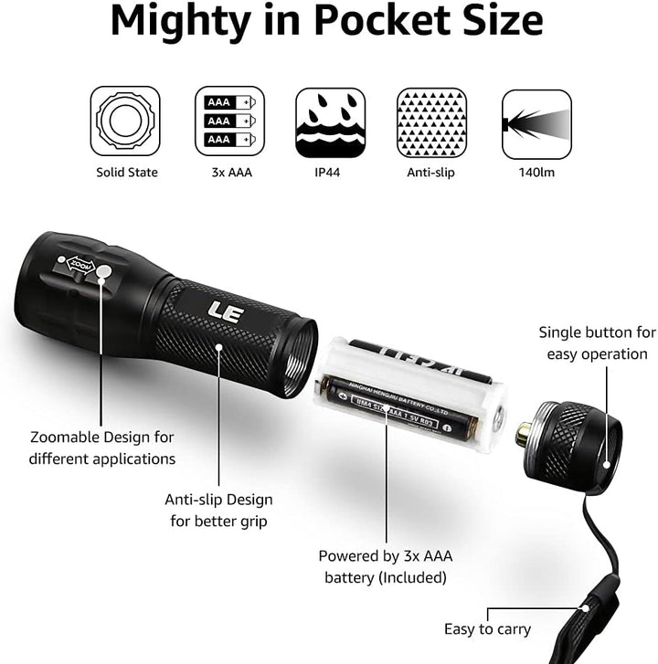 LE LED Flashlights LE1000 High Lumens, Bright Small Flashlight, Zoomable, Waterproof, Adjustable Brightness Flash Light for Outdoor, Emergency, AAA Batteries Included, Tactical & Camping Accessories