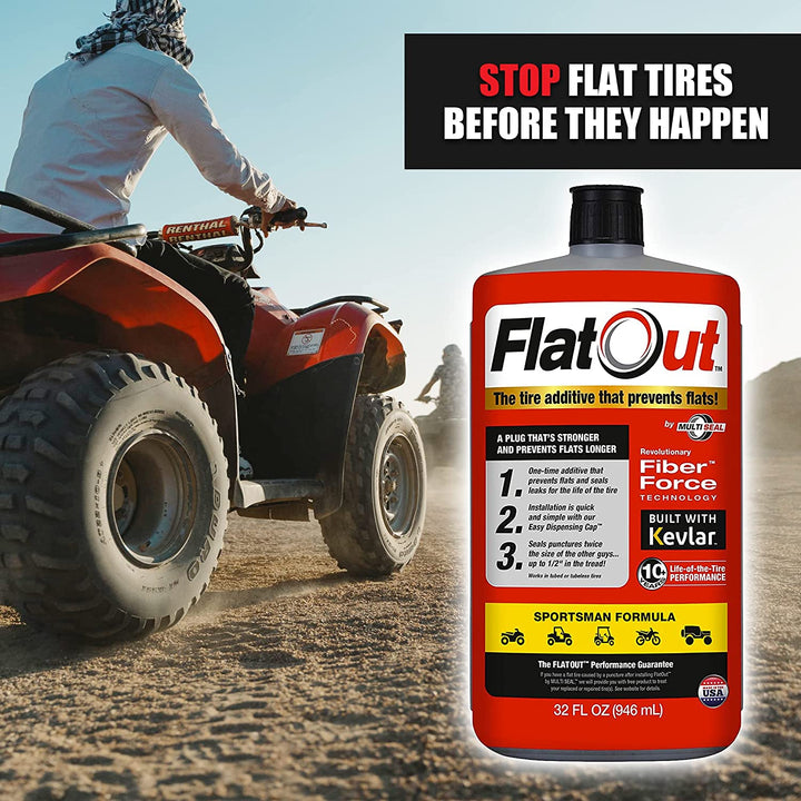 Flatout Tire Sealant Sportsman Formula - with Valve Core Tool and Replacement Valve Core, Prevent Flat Tires, Seal Leaks, Contains Kevlar, 32-Ounce Bottle, 1-Pack, RED