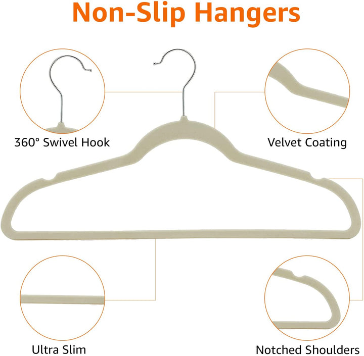 Slim, Velvet, Non-Slip Suit Clothes Hangers, Ivory/Silver - Pack of 50