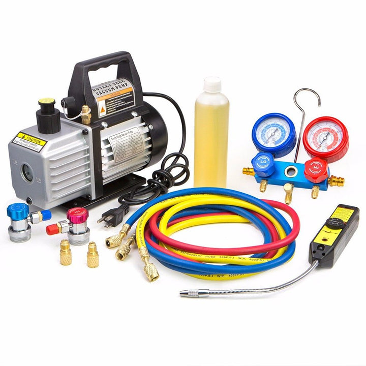 AC Repair Complete Tool Vacuum Pump HVAC A/C Refrigeration AC Manifold Gauge Hose R134 Tap & Leak Detector Tote Bag