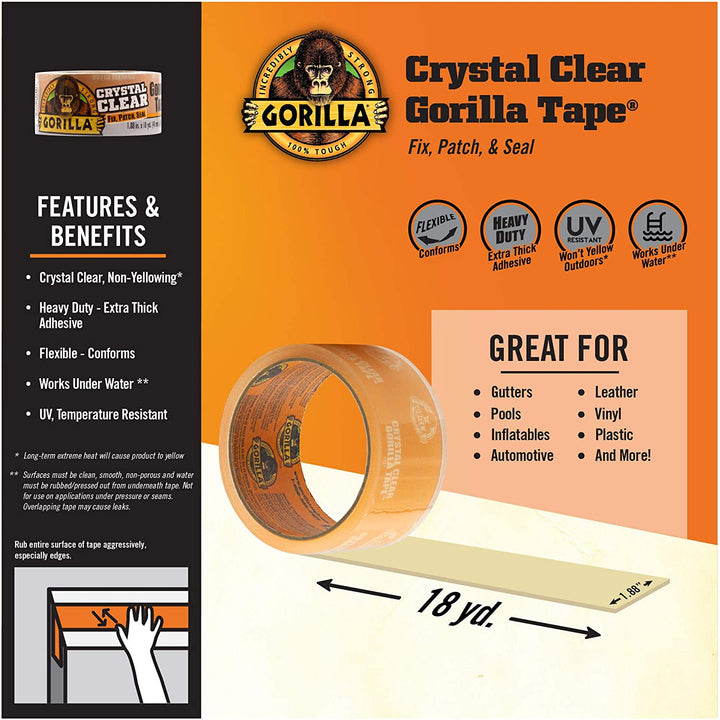 Gorilla Crystal Clear Repair Duct Tape, 1.88” X 18 Yd, Clear, (Pack of 1)