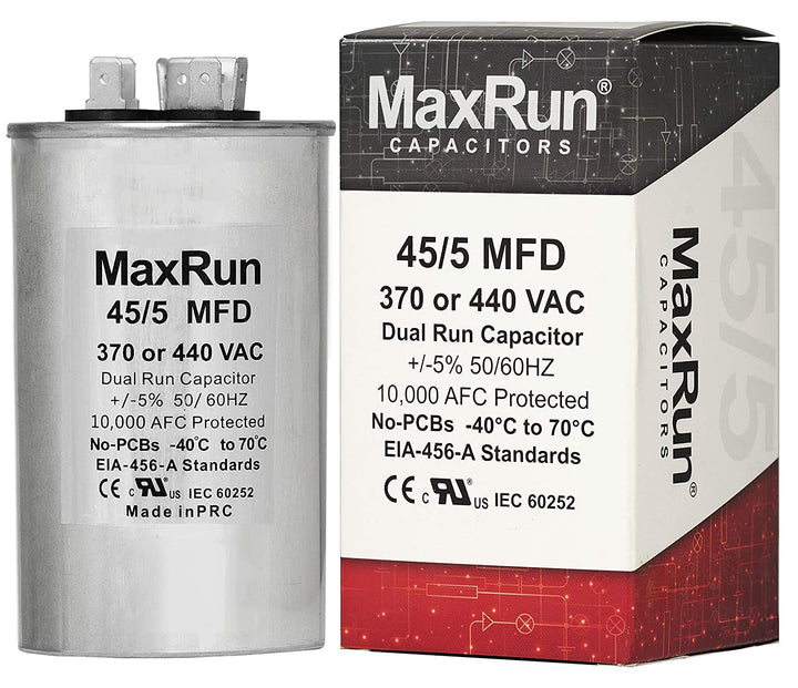 MAXRUN 45+5 MFD Uf 370 or 440 Volt VAC 45/5 Microfarad Dual Run Capacitor for Air Conditioner or Heat Pump - Runs AC Motor and Fan - 5 Year Warranty