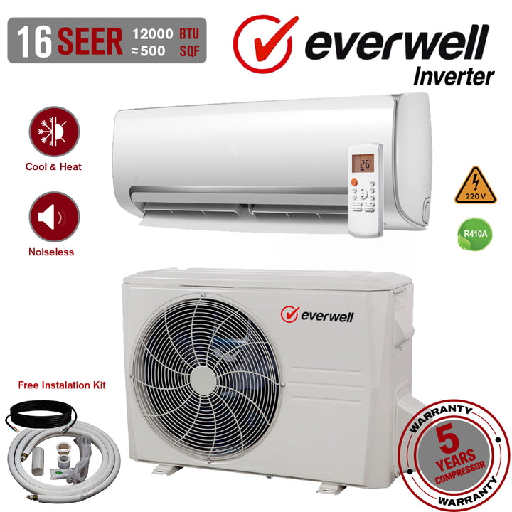 Everwell 12000 BTU 16 SEER 220V Ductless Mini Split Air Conditioner AC Heat Pump