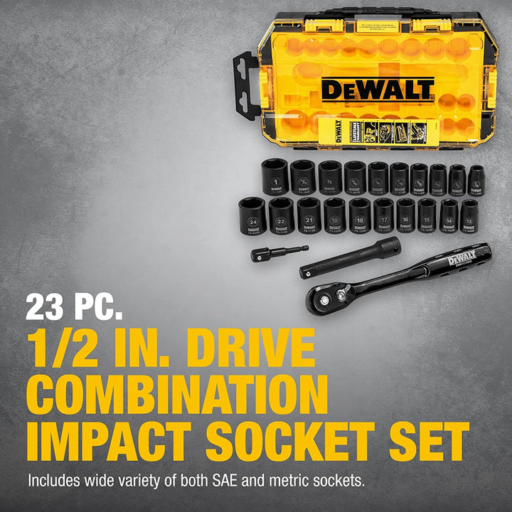 Impact Socket Set, 1/2" Drive, for SAE and Metric Fasteners, 23-Piece, Retaining Pin Compatible, Directtorque Technology for Better Grip(Dwmt74739)