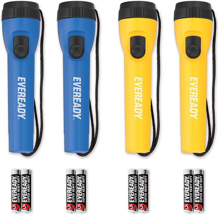 LED Flashlight by Eveready, Bright Flashlights for Emergencies and Camping Gear, Flash Light with AA Batteries Included, Blue/Yellow (4-Pack)