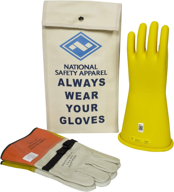 Class 2 Yellow Rubber Voltage Insulating Glove Kit with Leather Protectors Max. Use Voltage 17000V AC/ 25500V DC (KITGC2Y10)