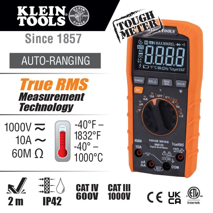MM720 Digital Multimeter, Auto-Ranging TRMS, Low Impedance (LOZ), 1000V AC/DC Voltage, 10A AC/DC Current, 60 Mohmsresistance, Orange/Black