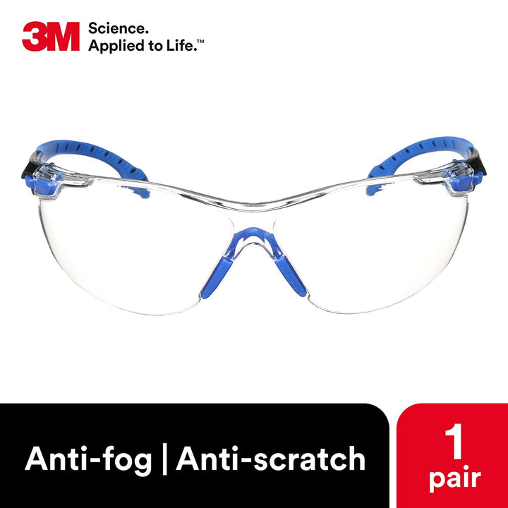 Safety Glasses Solus 1000 Series ANSI Z87 Scotchgard Anti-Fog Clear Lens Low Profile Blue/Black Frame