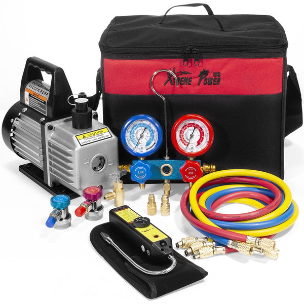 AC Repair Complete Tool Vacuum Pump HVAC A/C Refrigeration AC Manifold Gauge Hose R134 Tap & Leak Detector Tote Bag