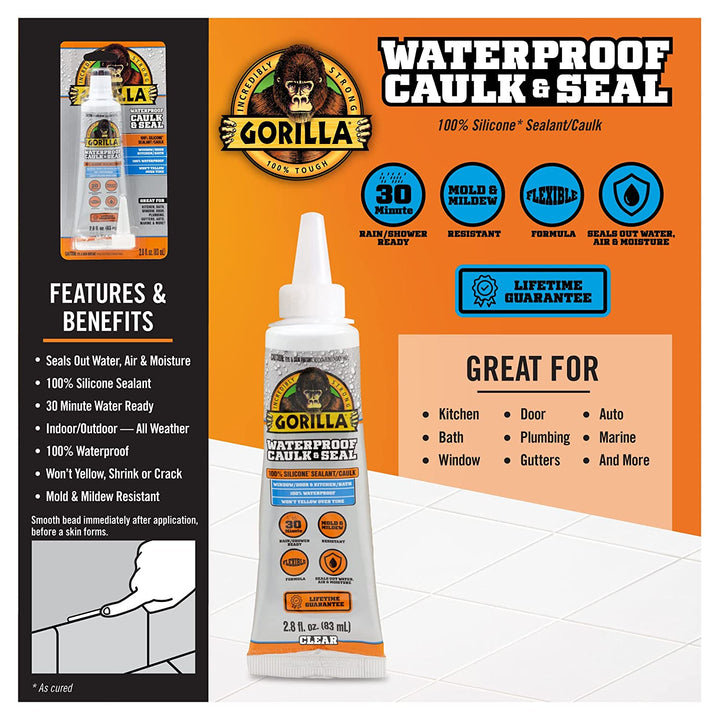 Gorilla Waterproof Caulk & Seal100% Silicone Sealant, 2.8Oz Squeeze Tube, Clear (Pack of 2)
