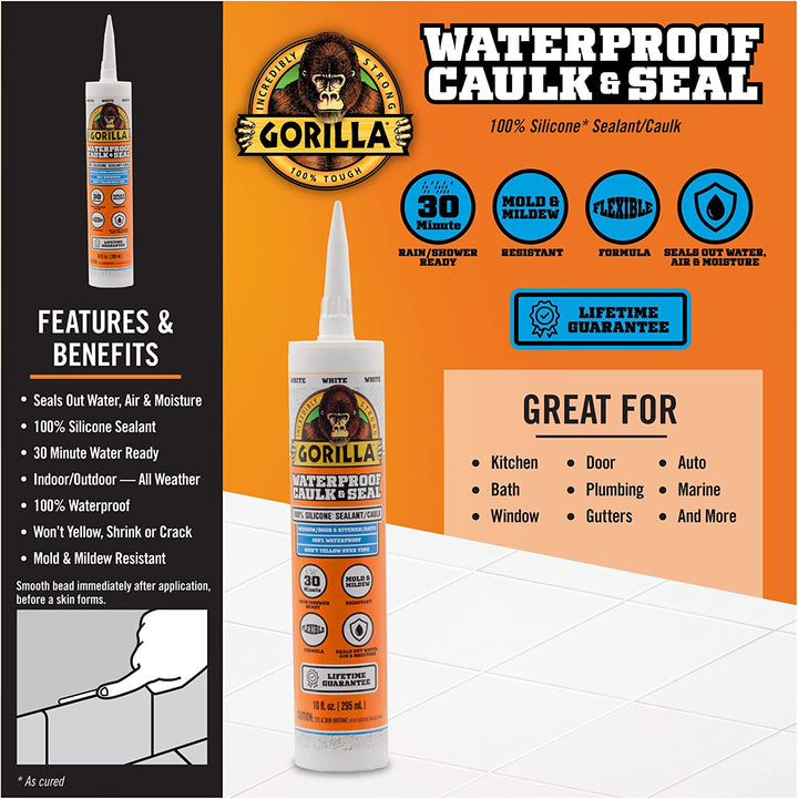 Gorilla Waterproof Caulk & Seal 100% Silicone Sealant, 10Oz Cartridge, White (Pack of 1)