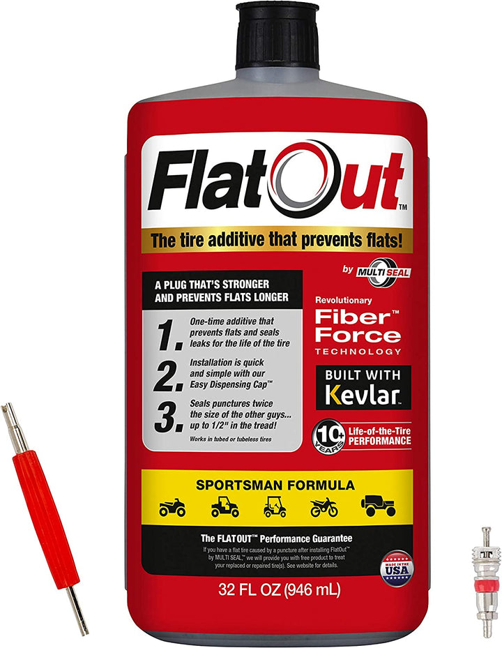 Flatout Tire Sealant Sportsman Formula - with Valve Core Tool and Replacement Valve Core, Prevent Flat Tires, Seal Leaks, Contains Kevlar, 32-Ounce Bottle, 1-Pack, RED