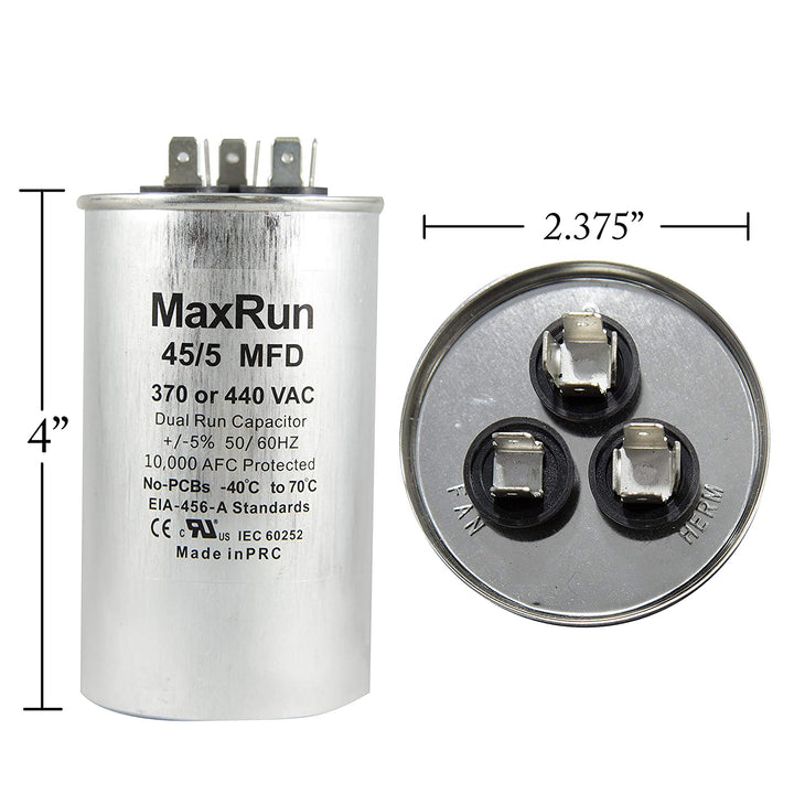 MAXRUN 45+5 MFD Uf 370 or 440 Volt VAC 45/5 Microfarad Dual Run Capacitor for Air Conditioner or Heat Pump - Runs AC Motor and Fan - 5 Year Warranty