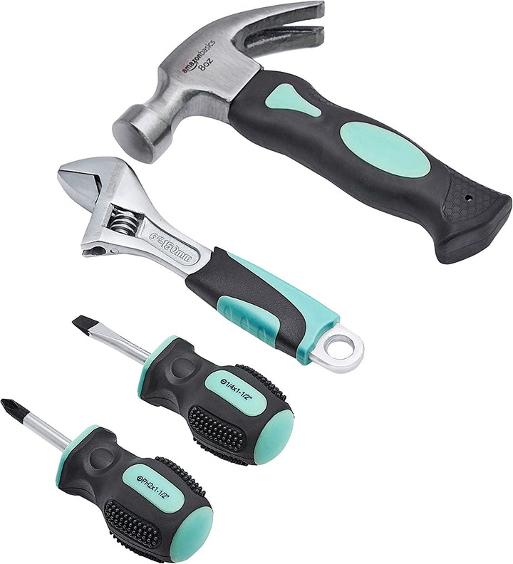 4-Piece Stubby Tool Set with Hammer, Screwdrivers and Adjustable Wrench - Turquoise