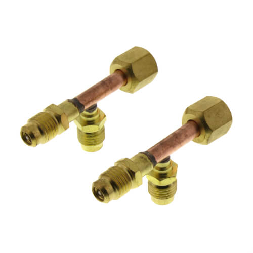 1/4” M. Flare x 1/4” Flare Nut w/ Depressor Tip x 1/4” M. Flare on Branch w/ Valve Core Tee Connector (2 Pk)