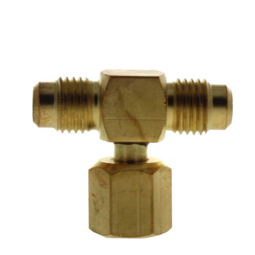 1/4” M. Flare w/ Valve Core and Cap x 1/4” M. Flare x 1/4” F. Flare Nut w/ Depressor Tip on Branch Brass Tee Connector
